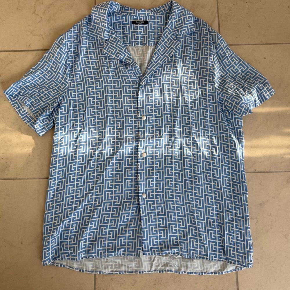 Balmain Paris Silk Short Sleeve Button Up Shirt Blue White Monogram Size 42 (L)